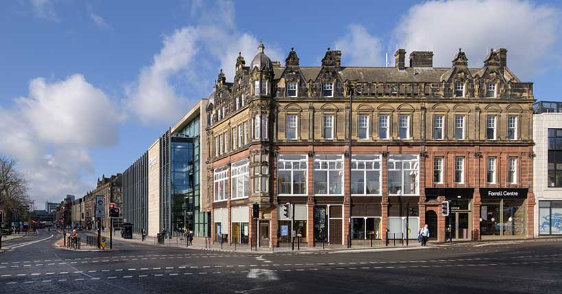 A photograph of the outside of the Farrell Centre, Newcastle University's new centre for cities and architecture.