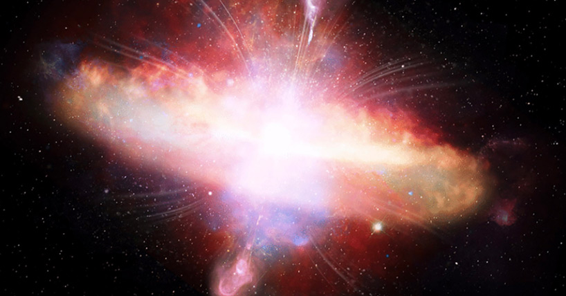 An artist’s impression of a red quasar. Red quasars are enshrouded by gas and dust, which may get blown away by outflows from the supermassive black hole, eventually revealing a typical blue quasar.
Credit: S. Munro & L. Klindt
Licence: Attribution (CC BY 4.0)
